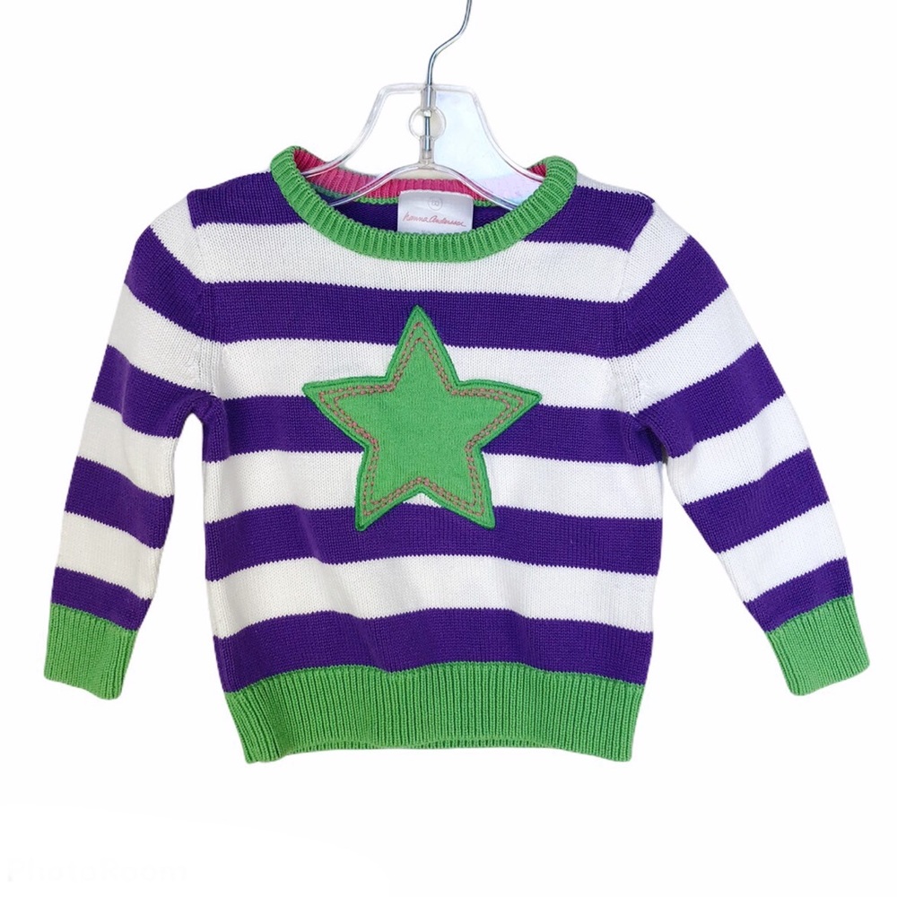 Hanna Andersson Green Star Sweater Purple White Stripe Pullover Size 80 US 2